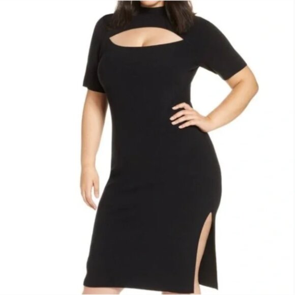 Leith Black Mock-Neck Cutout Stretch Midi Short Sleeve Dress - Large - Picture 1 of 11